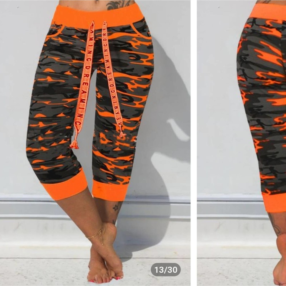 Flamingo orange camo print drawstring Capri pants